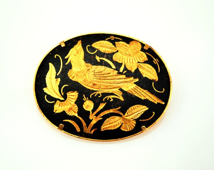 Damascene Bird Brooch - Gold and Black enamel Birds foral pin