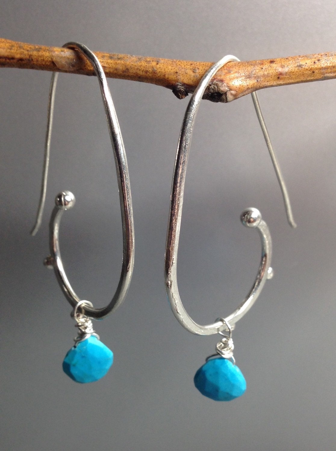Silver Hoop Earrings with Gemstones Turquoise by ZeniaLisJewelry
