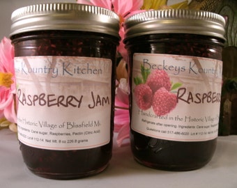Two jars of Raspberry Jam Homemade by Beckeys Kountry Kitchen jelly fruit spreads preserves