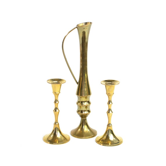 Indian Brass Vase & Candlesticks Collection 3 Pieces Solid