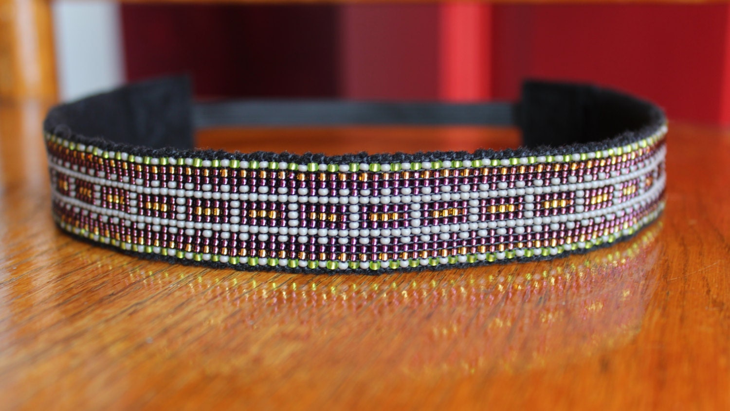 Gray and Purple Beaded Headband with Native American Pattern