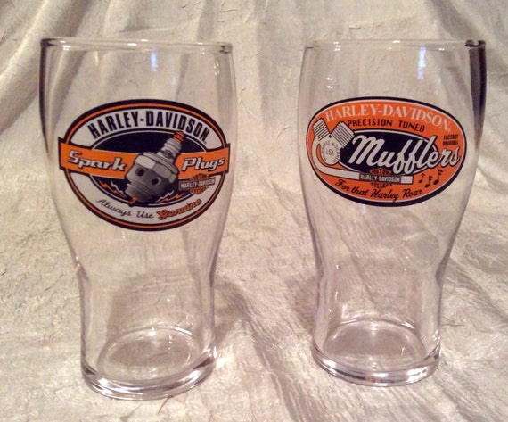 Pair Harley-Davidson Motor Cycle Drinking Bar Beer Glasses