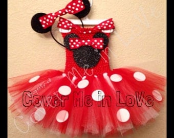 Minnie mouse tutu dress Red and white with HEADBAND EARS sz 9 mo to 7 years