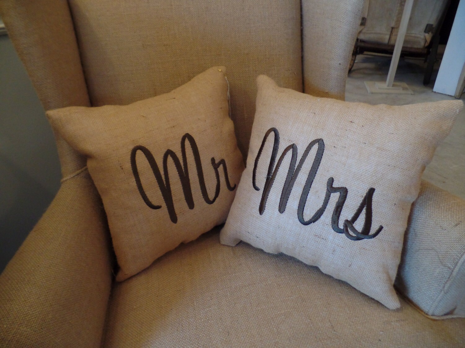 Embroidered Mr and Mrs Burlap Pillow Set of 2 by cindidavis1
