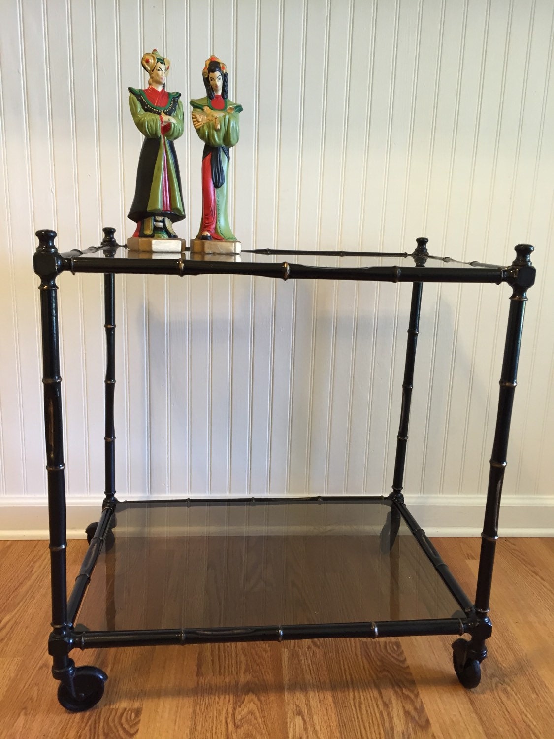 FAUX BAMBOO BAR Cart Black and Gold Rolling Bar Cart Faux