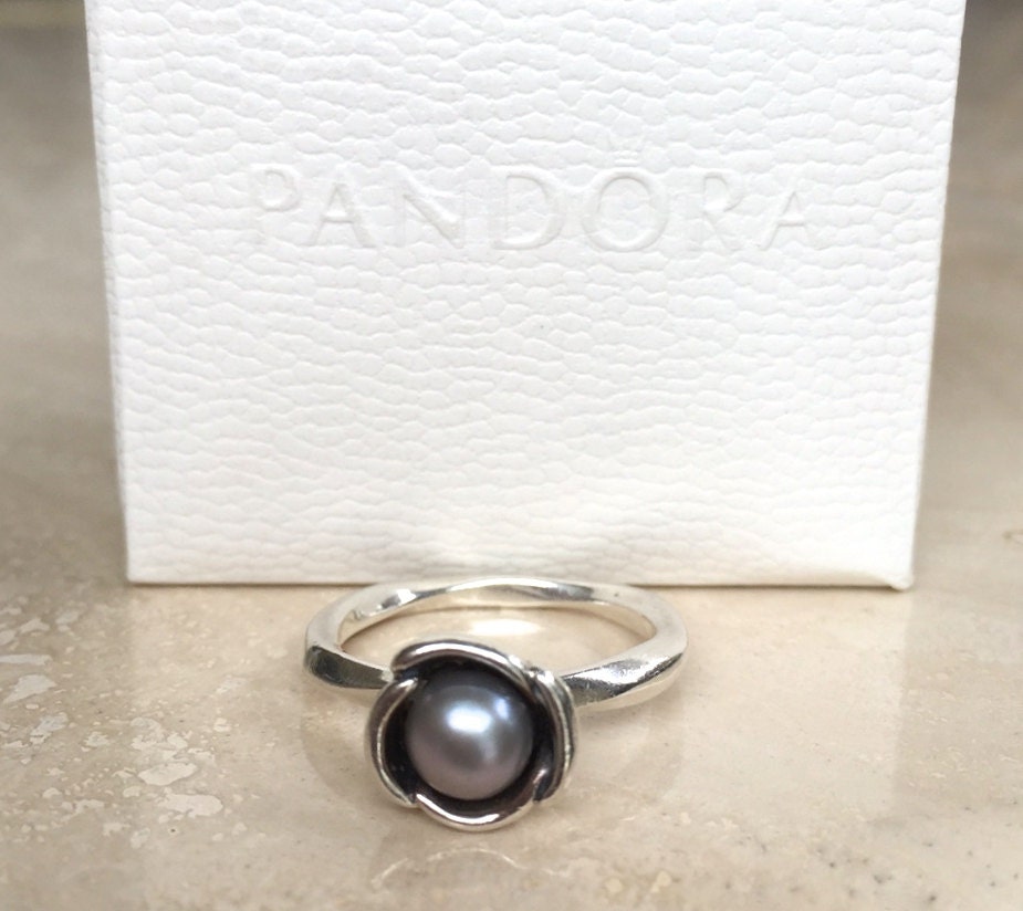 Lovely Pandora Bloom Ring with Grey Freshwater Pearl Retired S