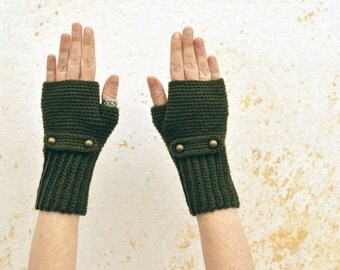 Crochet fingerless gloves, knit kaki green mittens, wool wrist warmers with buttonned flap