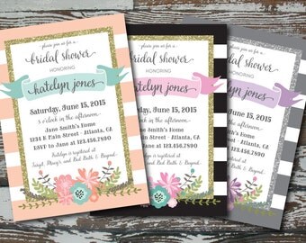 Stripes, Glitter and Flowers Wedding Shower Invitation - Custom PRINTABLE