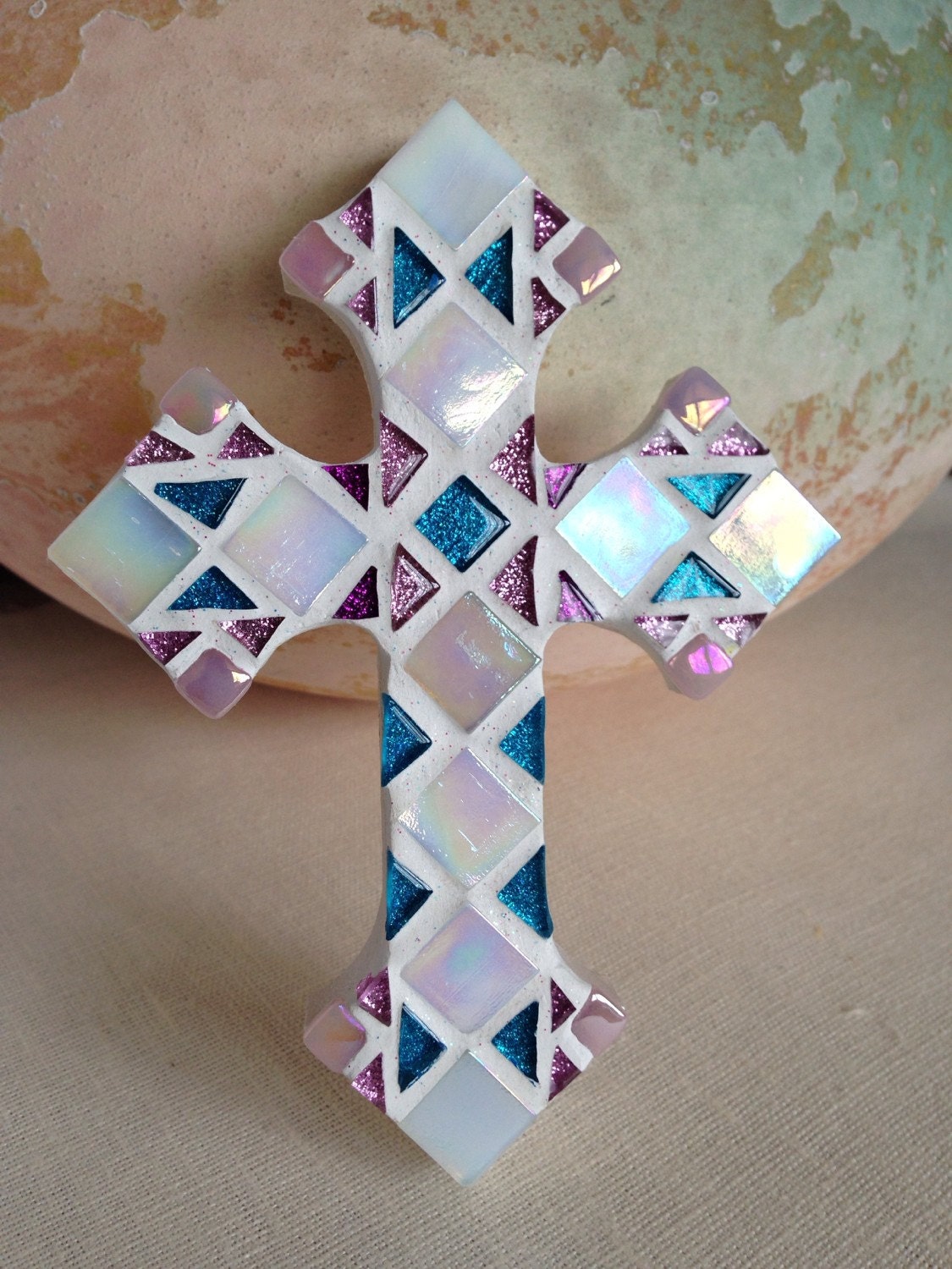 Baptism Gift Girl Unique Turquoise Pink Cross by HamptonMosaics
