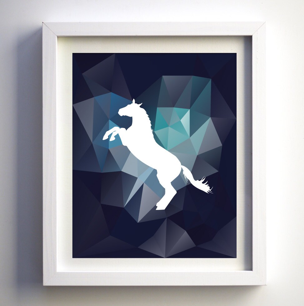 Navy Blue Teal Wall Decor Art Geometric Modern Horse Animal