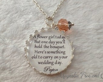 Flower Girl Necklace, Bridesmaid Necklace, Bridal Pendant Charm, Flowergirl Gift, Personalized, Bouquet Charm, Custom Name, One Day... KE04