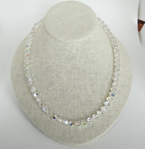 Vintage Crystal Bead Necklace Clear Faceted Sparkly Glass