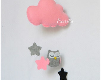 Baby Crib mobile / Owl Baby Mobile / Baby Mobile Owl / Felted Owl Nursery / Cloud Mobile Pink and Gray / Hanging Baby Decor