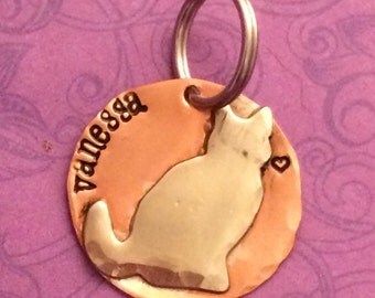 Personalized Cat ID tag - www.TheWagTaggery.etsy.com - hand stamped - copper and silver - cat lover - cat name tag - pet name tag - cat tags