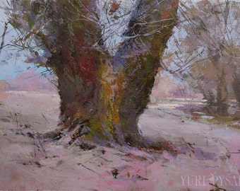 Winter tree painting, Original landscape painting, Forest oil painting nature artwork oil art canvas painting