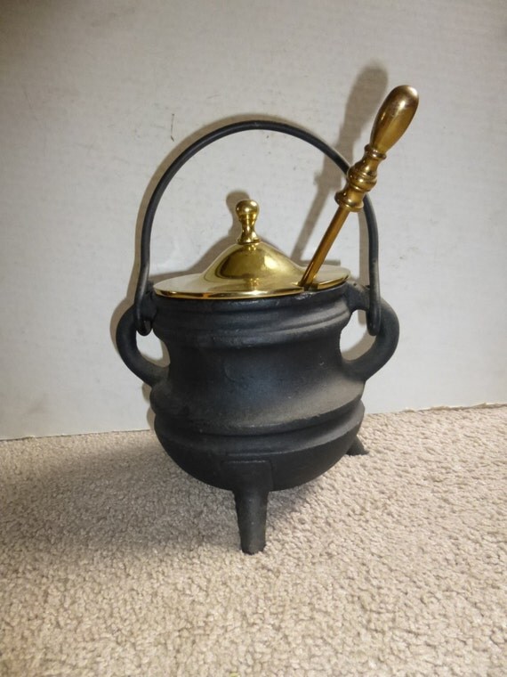 Funky Antique Cast Iron Pot With Brass Lid And Handle Fireplace Starter Cauldron In Mint