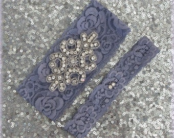 Wedding Garter Set - GREY Lace SILVER Rhinestone Crest Show & Dual Stud Toss - other colors available