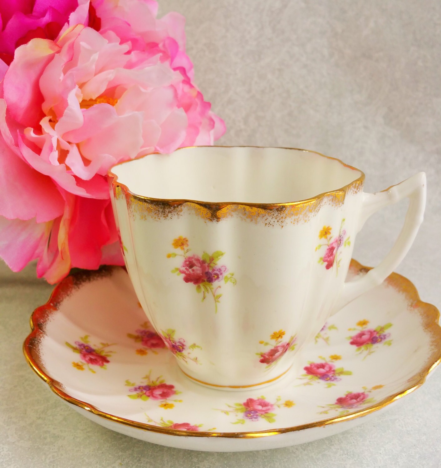 VICTORIA C E Vintage Tea Cup And Saucer Pink And Purple