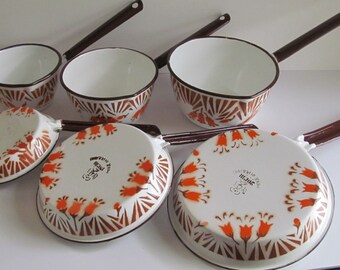 6 Rare Poland Enamelware Pans Schindler Enamelware Antique Farmhouse Kitchen Decor Set Polish Dish Orange Enameware Hand painted enamel ware
