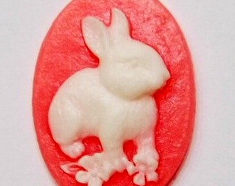 6 of 25x18 mm White over Coral Bunny Rabbit Cameos, Great for Pendants, Earrings, Rings