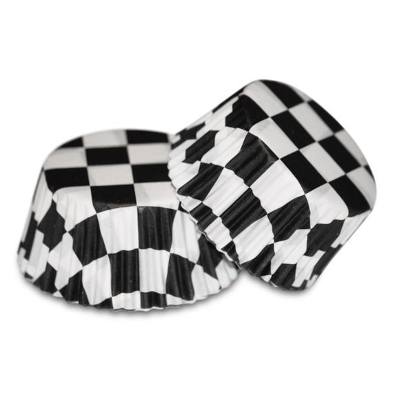 24 Black Checkered Greaseproof Cupcake Liners by LuxePartySupply