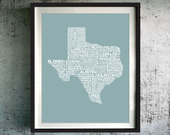 Texas Typography Map Print, Texas Art Print, Texas Wall Art, Texas Typographic Map, Custom Texas Map, Texas Poster, Texas Unique Gift