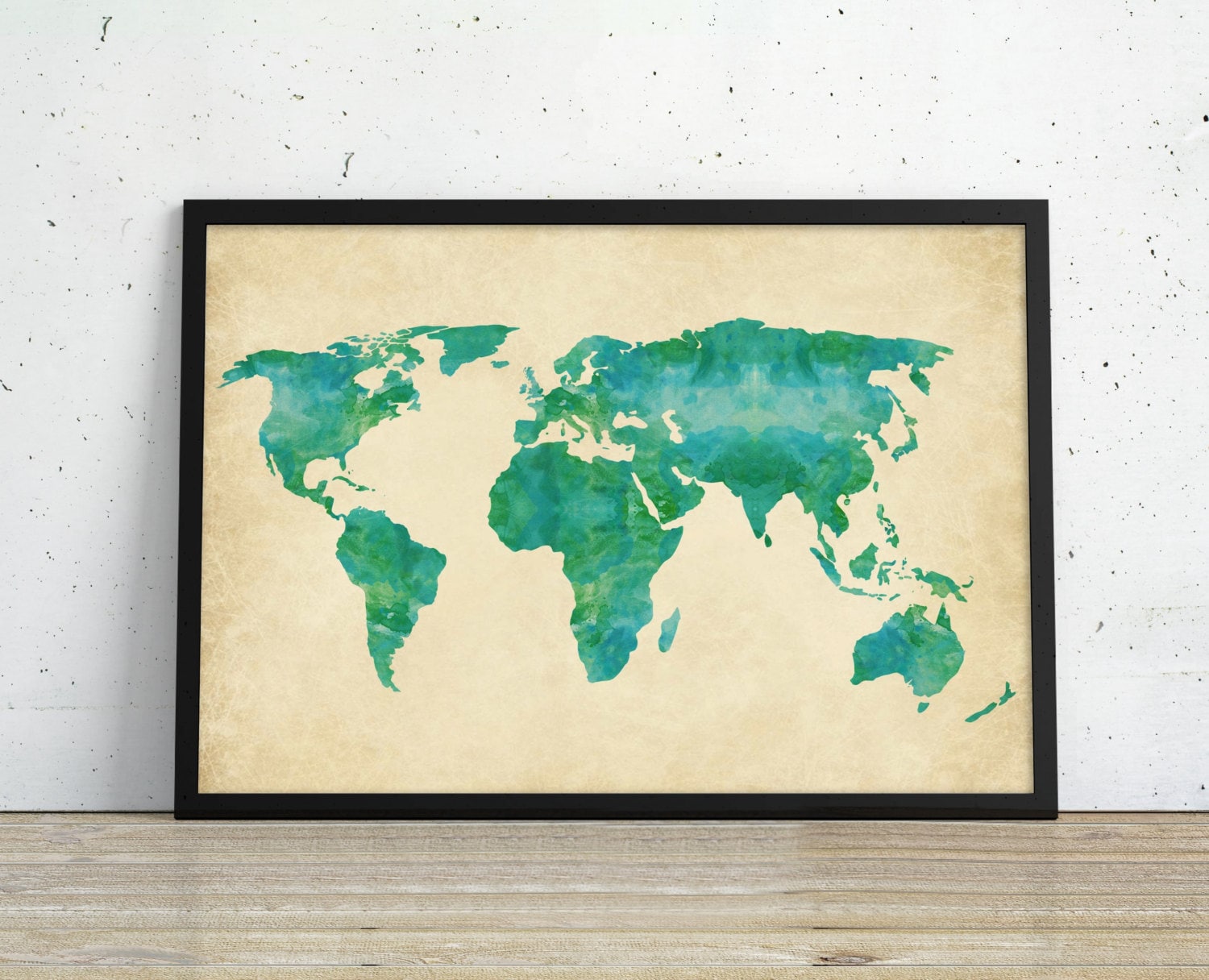 watercolor world map art print green blue earthy by bysamantha