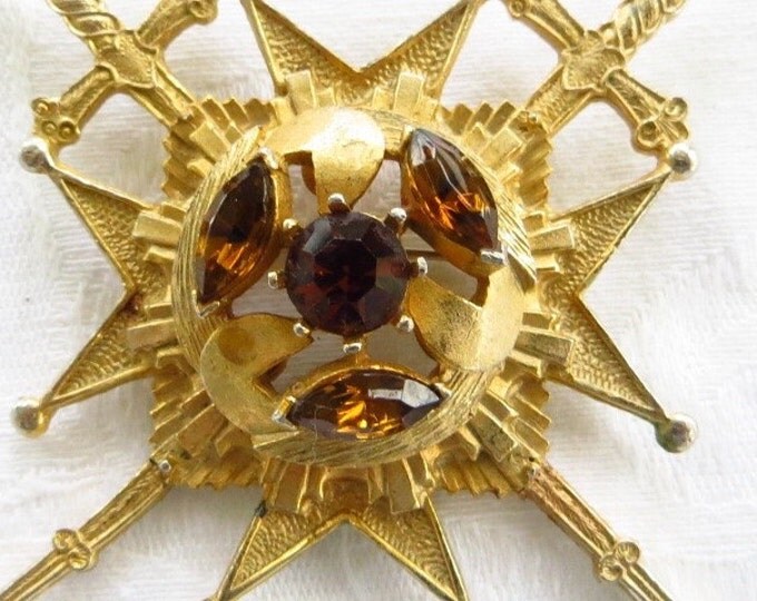 Maltese Cross Brooch Pendant Signed Rousseau Vintage Heraldic Jewelry