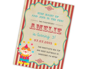 Vintage Circus Birthday Invitation, Circus Party, Digital Printable File Clown