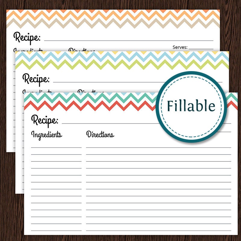 Recipe Card Colourful Chevron Fillable 4x6 Recipe Card