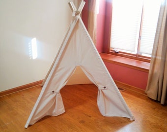 Kids Teepee Natural Canvas Tent with Button Back ties. Play tent with door hold backs teepee with poles