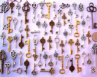 1 DAY SALE!!! JUST 5.99 for 69 New Vintage Antique Type Skeleton Keys Necklace Charms Crafts Jewelry Lot Necklace Pendant Wedding Escort