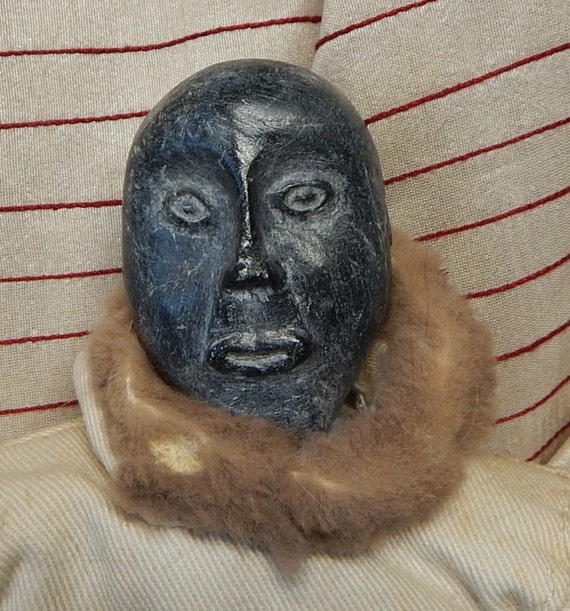 Inuit Eskimo Art DOLL w SOAPSTONE HEAD Traditional Clothing: fur, cloth ...