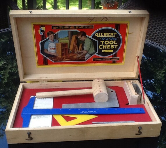 Vintage Gilbert Tool Chest and Tools Vintage Wooden Toy Tool