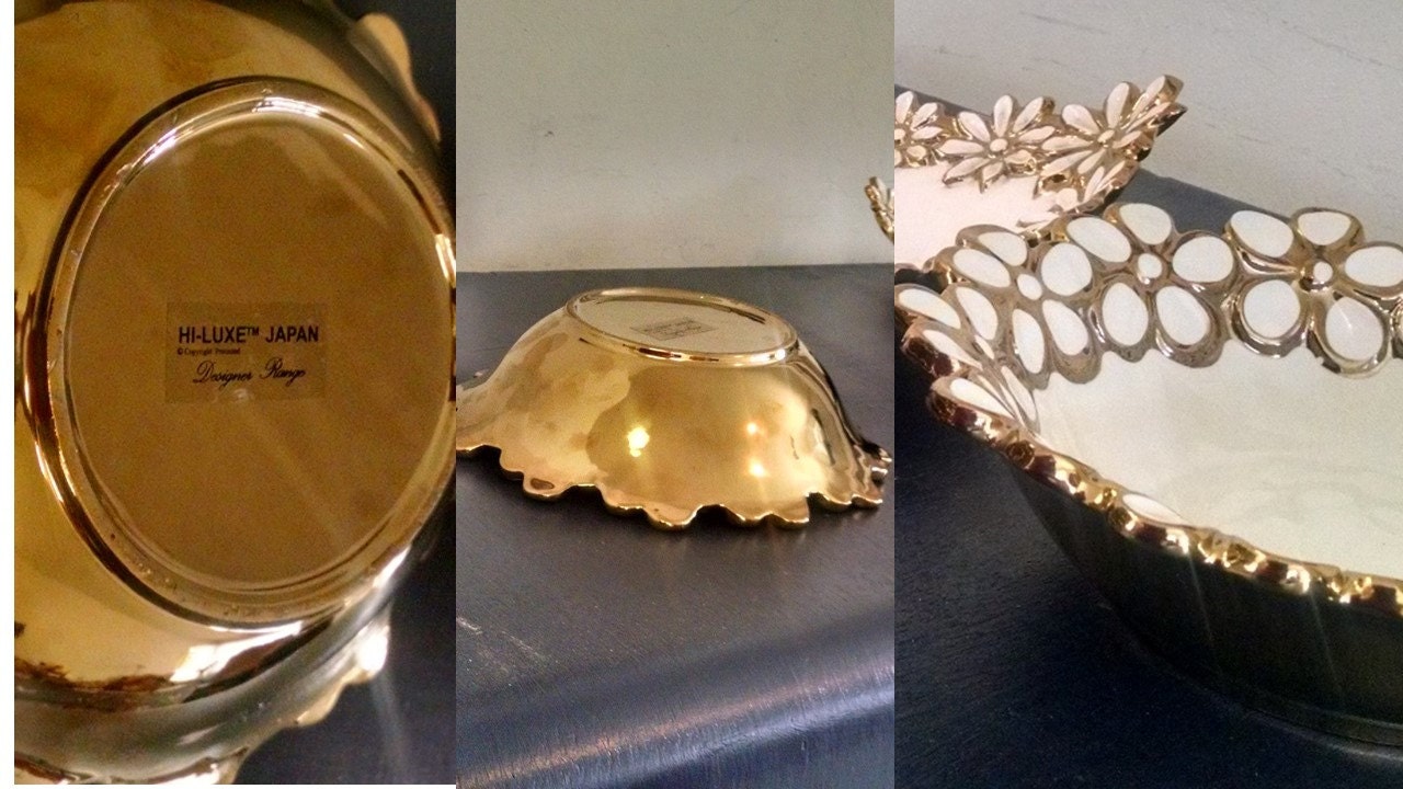 Vintage HiLuxe Large Serving Bowl, Wedding Engagement Bowl, White Gold