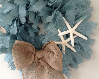 Coastal Living, Beach Cottage Wreath, Christmas Wreath, Blue Burlap Wreath, Beach Wreath,Beach Wreath, Burlap Beach Wreath, Starfish Wreath