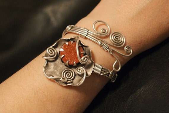wire wrapped bracelet, goldstone bracelet , wire wrapped jewelry handmade , wire wrapped jewelry,silver bracelet