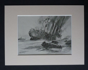 Antique Print of SMS Dresden, German Military Gift, Light Cruiser Ship Decor, Available Framed, Shipwreck Art, Naval Picture, Maritime Decor