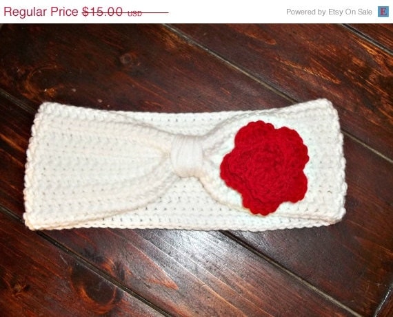 Closing Sale Crochet Ear Warmer - White with Red Rose - Winter Accessories