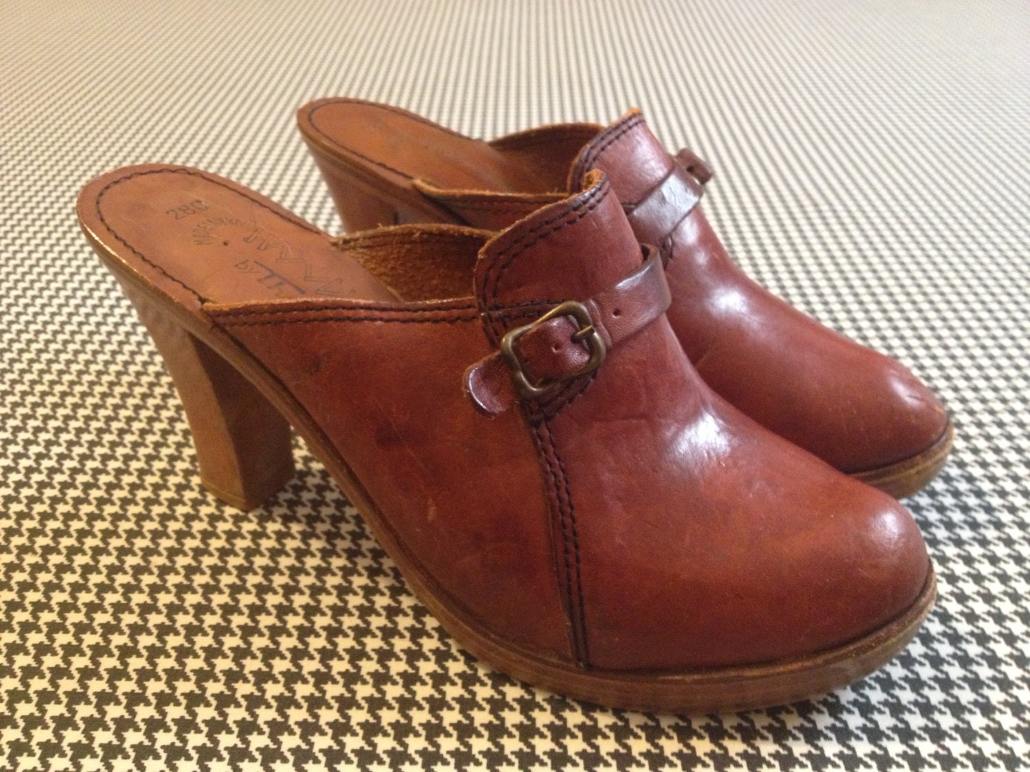 1970's leather and wood high heel clogs by Tom McAn