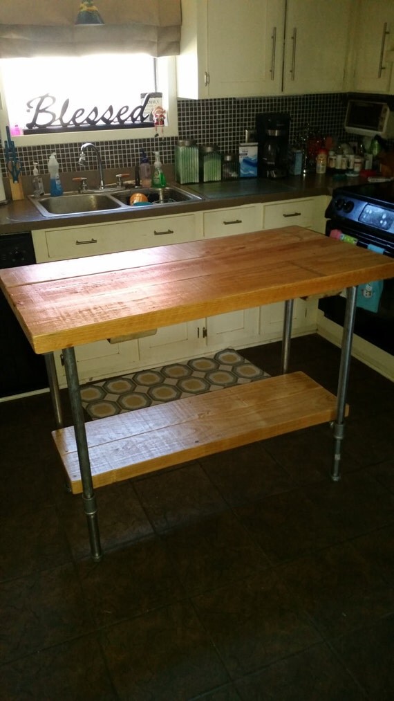 2 thick rough Sawn Wood Kitchen Island/Bar with Pipe