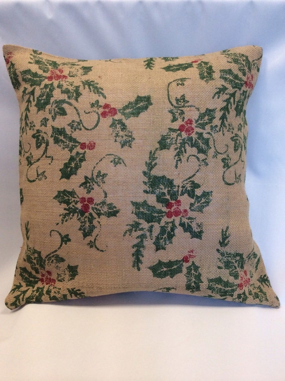 Items similar to 25% OFF - Holly and Berries Printed Burlap Pillow ...