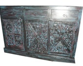 Antique Vintage India Tribal Carved Blue Patina Classic Retro Sideboard Chest