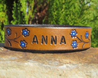Hand Painted Tooled Leather Bracelet Cuff Flowers on Vine - girl women adult kids