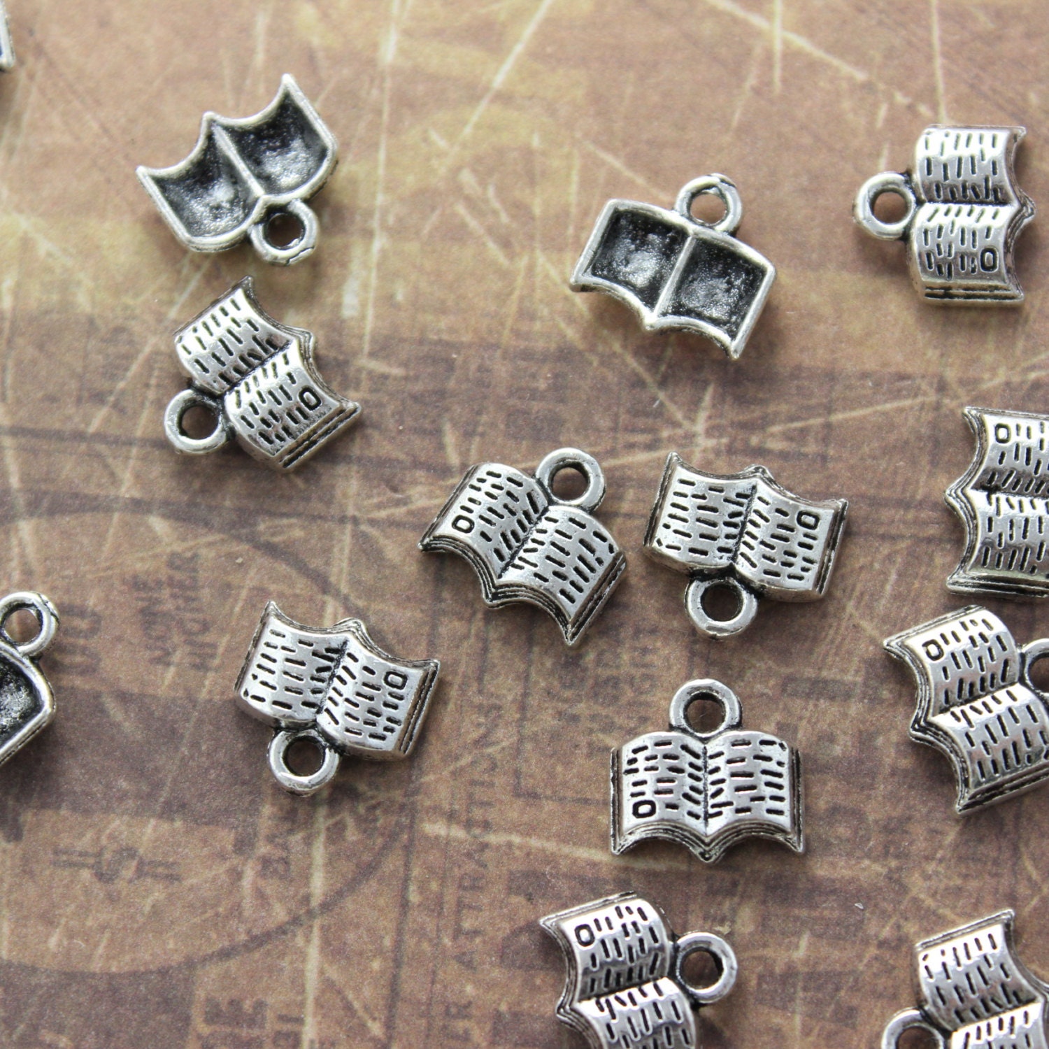 10 Tiny Book Charms Book Pendants Antiqued Silver Tone 12 x