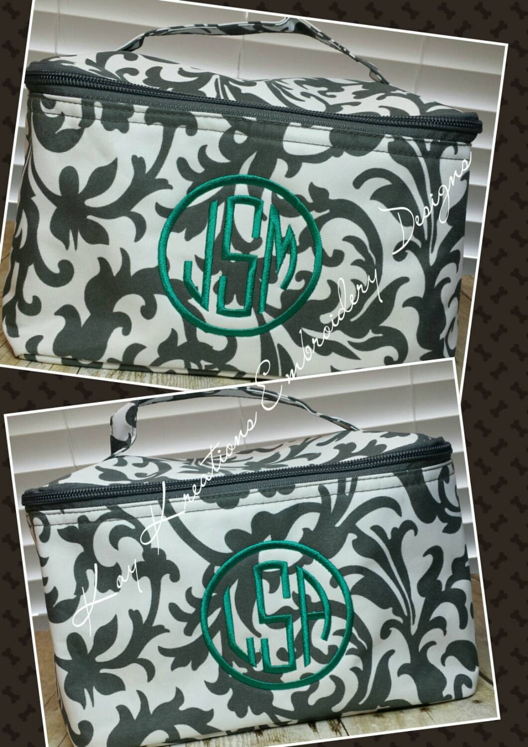 Cosmetic Bag Grey Floral Large MONOGRAMMED Makeup Bag