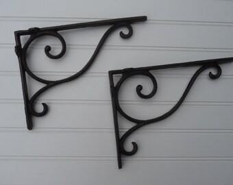 Set of 2 = Iron Metal Brown Simple SWIRL Ornate = Old World Corner Wall Shelf Brackets - Old World Rustic - Corner Trims