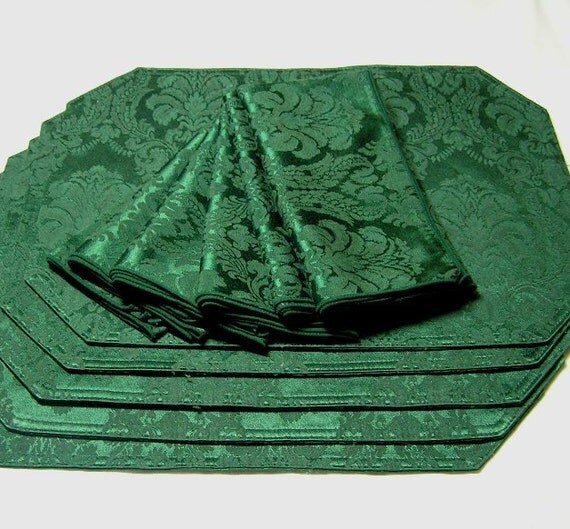 Set of 5 Vintage Emerald Green Damask Place Mats & 6 Matching