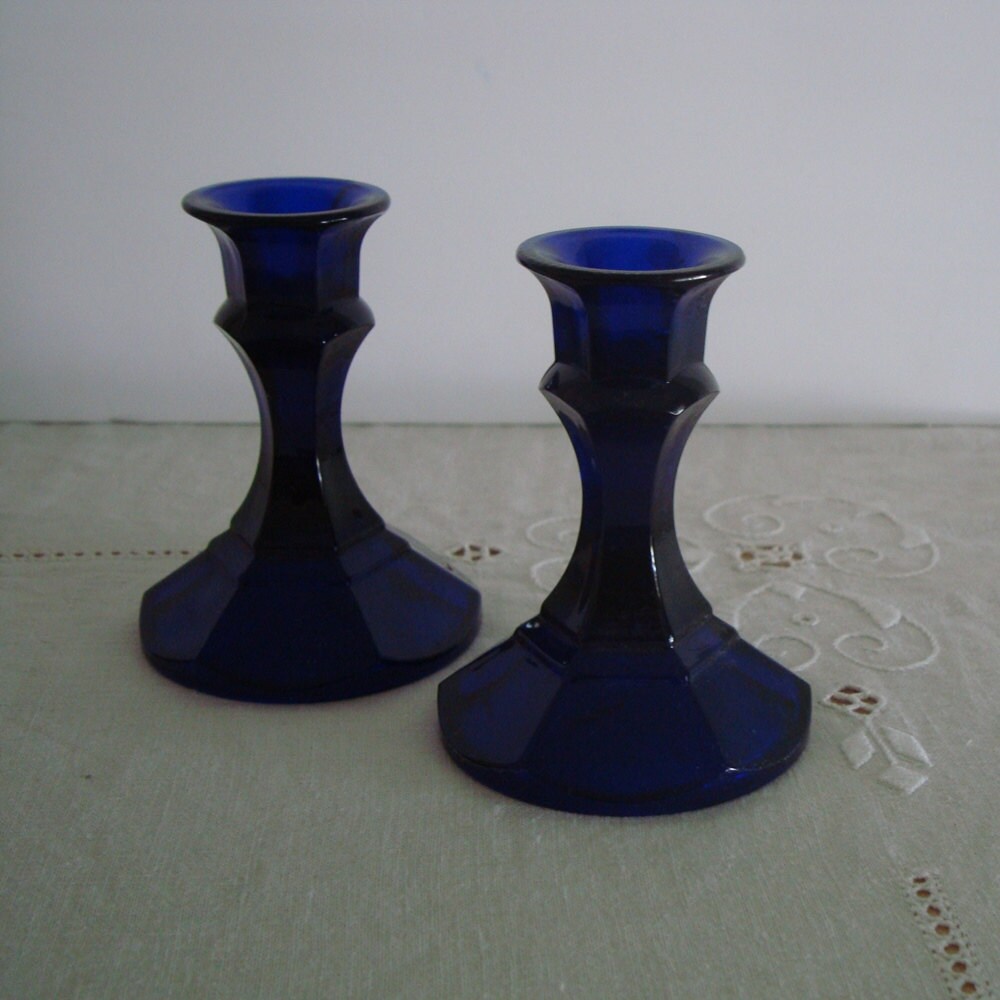 Vintage COBALT BLUE Glass CANDLESTICKS Set of 2 Candle