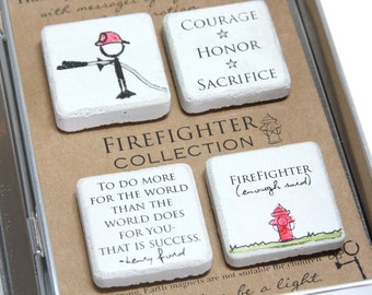 Firefighter Gift. Rustic Refrigerator Magnets.1.25 x 1.25 Gift Tin with Ribbon. Hand painted Magnets. Firefighter Appreciation
